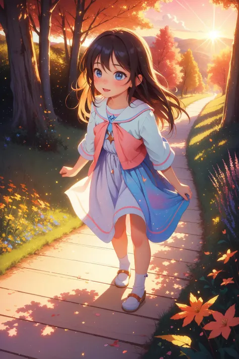 1girl, detailed Chalk painting, beautiful, High exposure of a Snug Maniacal ("I'm just a kid and life is a nightmare.":1.3) , Tiny hillside in background, Peach space and woods, at Sunset, split diopter, Magic Realism, Guilty, Boho, rim light, 800mm lens, Muted Colors, (Black and deep yellow:0.7) , poster art, 4K, Unsplash, (art by Jimmy Lawlor:1.3)