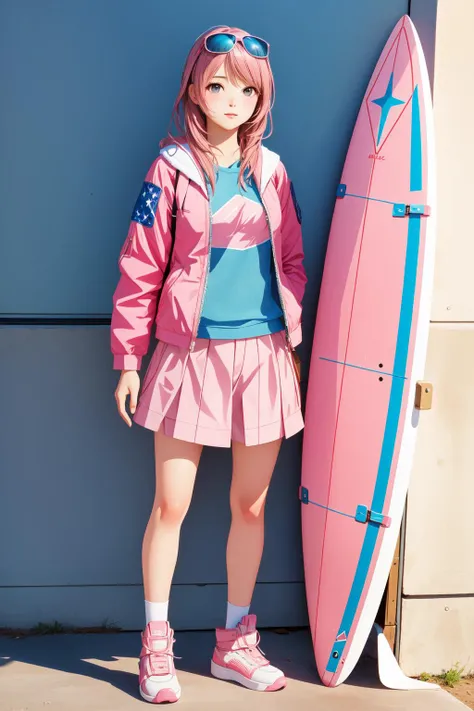 1girl, Celestial Pink Blackbird, the Blackbird is dressed in American Scene Painting fashion style Surfer clothing, Realistic, Accent lighting, L USM, Concept Art World