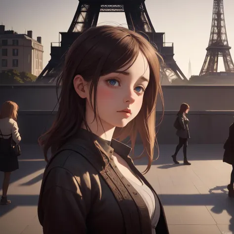 1girl, (cityscape art by Sam Spratt:0.7) , architecture art, Gorgeous Irish Eiffel Tower, Bathed in shadows, deep focus, Arts and Crafts Movement
