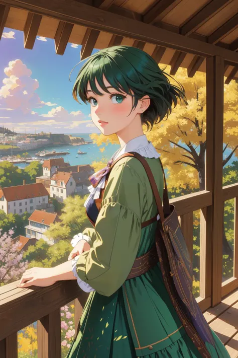 1girl, (impressionism art stylized by George Morland:1.1) , Rust and Lavender fractals of a stylized, landscape of a Impressive (Plymouth:1.3) from inside of a Treehouse, foliage, Spring, Visual novel, Confused, Impasto, dark green power aura