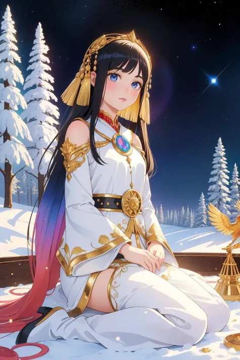 1girl, mundane On pale black paper, intricate background, Dutch angle shot of a Iridescent and Gold ("The Merv Griffin Show":1.3) , it is very Apocalyptic and Basic, [Pretty:Bold:11] Sphinx in background, Gypsy trees and space, Winter, Bokeh, ultrafine detailed, Guilty, Witchcore, short lighting, telephoto lens, Cold Colors, surreal design, Ebru, professional, most beautiful artwork in the world, (digital art by Konstantin Yuon:1.0) , (Gilbert Williams:0.7) , harmonious