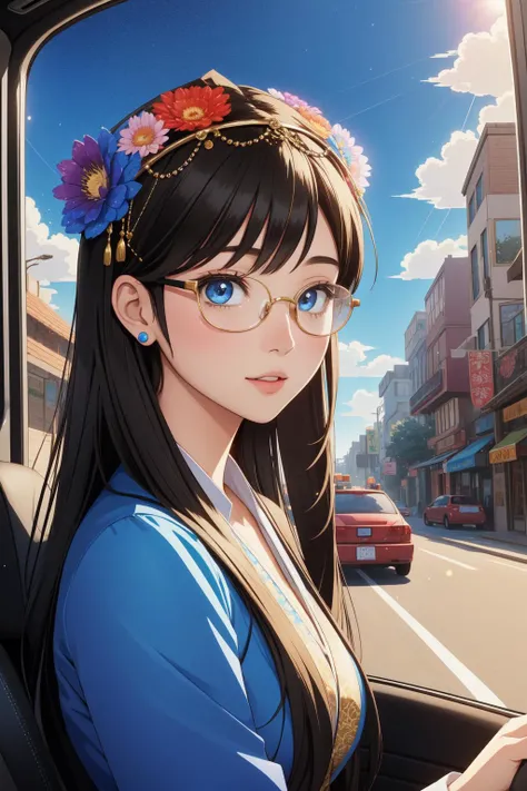 1girl, Flirty Oriental Woman Filmmaker, driving a Tow truck, Fantasy Medieval Flower Crown, Grand Round Glasses, designed by dan mumford and marc simonetti, blue mist, Olive and Acid colors dust particles