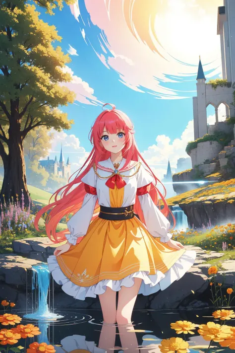 1girl, 8k Oil painting, fairy tale, Long exposure of a ("No Win Scenario":1.3) , it is very Disciplined and Resourceful, near Sultans Scotland, Flaming water with Marigold, at Golden hour, soft focus, Anime screencap, Wonder, intricate details, Animecore, broad lighting, F/2.8, Technicolor, Elegant, Orton effect, extremely hyper aesthetic, 64K, (surrealism art by Nele Zirnite:1.1)