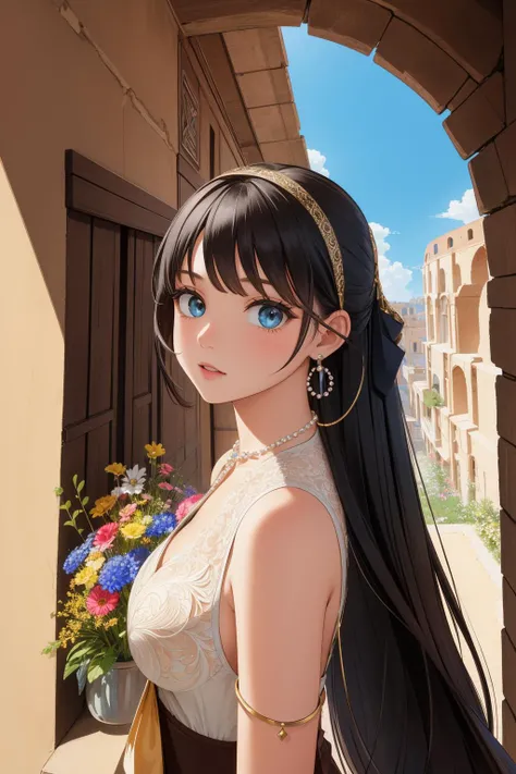 1girl, professional VRay, intricate background, landscape of a ([Colosseum|Tuvalu]:1.3) from inside of a Townhouse, it is very Narrow and Dusty, dense flower field with Wildflower bouquet, Summer, detailed, masterpiece, Angry, Cubo-futurism, Dramatic spotlight, L USM, Polychromatic, vibrant, concept art, in the style of girl with the pearl earring, extremely beautiful, hyperdetailed