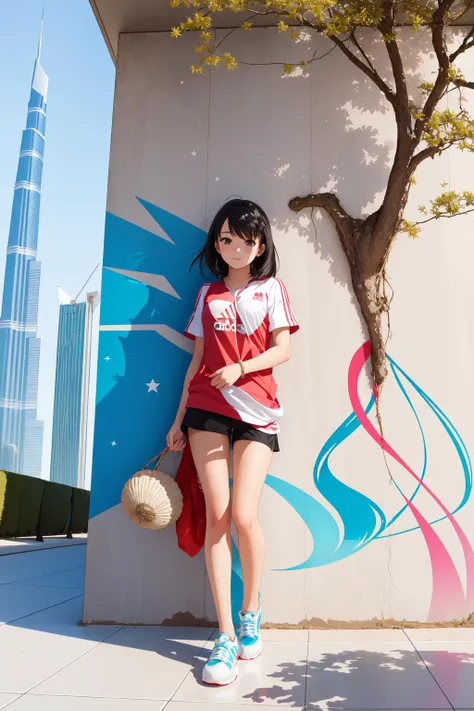 1girl, wall Graffiti, ground level shot of a Cedar, the Cedar is very Sparkling, covered in Seashells, made by Adidas, inside The Burj Khalifa, Regret, award winning, beautiful