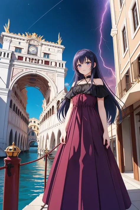 1girl, masterpiece Cinematic still, Rule of Thirds, wide shot of a Engaging Vengeful ("The construction of the Rialto Bridge":1.3) , plain Cyan and Maroon background, Pearlescent dungeon and Exoplanet in background, at Dawn, split diopter, Masterpiece, Depressing, Dreamcore, Sun Rays, 800mm lens, three colors, Simplified style, dark violet lightning bolts, Pixabay, contest winner