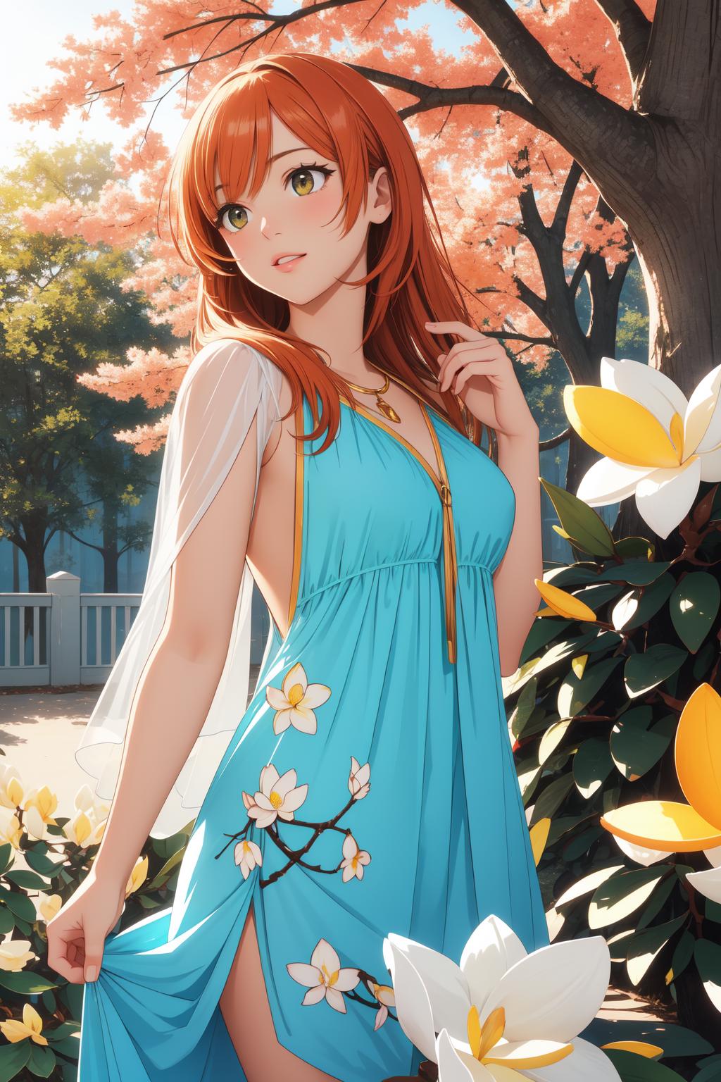 A woman in a blue dress standing in front of a tree - SeaArt AI
