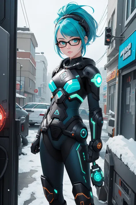 1girl, designed by Ross Tran, Antonio J. Manzanedo, Tom Bagshaw, street, Miserable beefy [Swiss:Bantu:8] (Male Geek Squad Employee of Apocalypse:1.3) , Trendy hairstyle, from inside of a Mossy land, Snowing, Depressing, Pixiecore, side lit, F/2.8, Azure and electric green neon hue