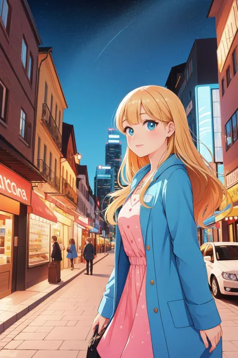 1girl, cityscape, Majestic Alluring German (Girl:1.1) , ð¥³, cartoon art, surrealism art by Pendleton Ward, Accent lighting, F/8, four colors