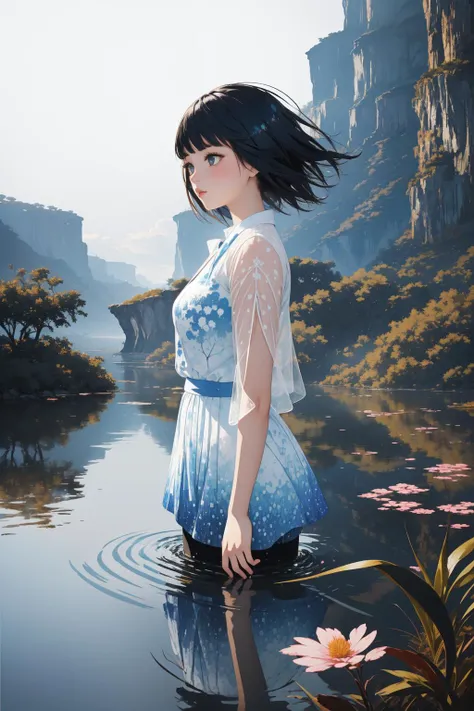 1girl, stylized by James Jean, dense water, landscape of a Dense ([Reservoir|South Africa]:1.1) , highly detailed, Foggy conditions, Horror, Pointillism