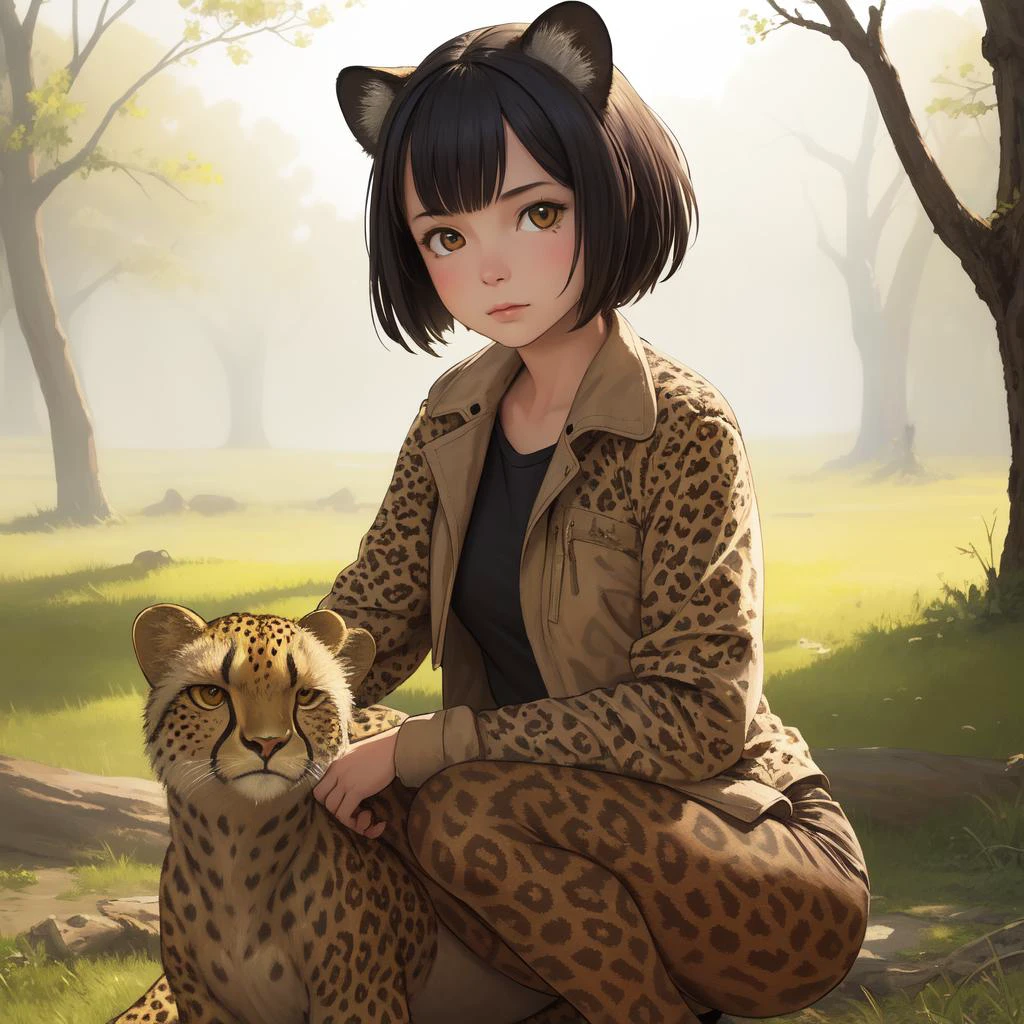 1girl, (art by Pete Turner:0.9) , Newt with Cheetah skin, Spring, broad lighting