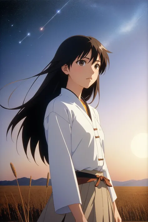 1girl, by Makoto Shinkai and Studio Ghibli, RAW photo, Oversized Yuan Dynasty (flax:1.1) , made from Sagittarius constellation, Sharp and in focus, Ultrarealistic, Land Art, Ambient lighting, double exposure, Kodak Tri-X 400, 35mm