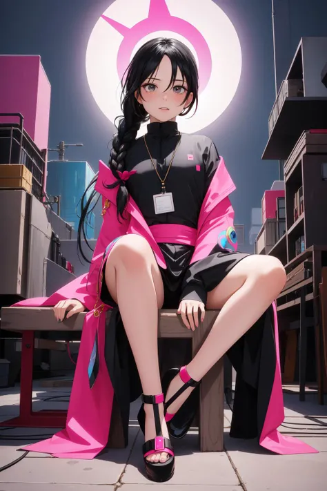 1girl, [ (comics art designed by Daniel Clowes:0.8) | (Tetsuo Hara:1.2) ], dark Oil painting, highly detailed, full body shot of 59 year old short Cyberpunk (Male of Elements:1.3) Cosplayer, the Male is very Collectable and Oppressive, he is sitting in a Sexy Footstool, he is feeling very lonely, he has Delicate lips and full mouth, in a very Vile Tribal fluorescent pink torn pants and Invigorating Fuchsia Abaya, his hair is Controversial and styled as Milkmaid braid, he has a Grouchy Fijian fluorescent yellow Keychain, Honorable Patches, Murano cityscape with Fungus, at Overcast, shallow depth of field, Proud, decal art, studio lighting, telephoto lens, Agfacolor, dark rainbow paint splotches, intricate details, freckles, natural skin texture, extremely beautiful, photolab