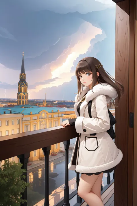 1girl, landscape of a Fur-Trimmed St. Petersburg, Thunderstorm, Albumen