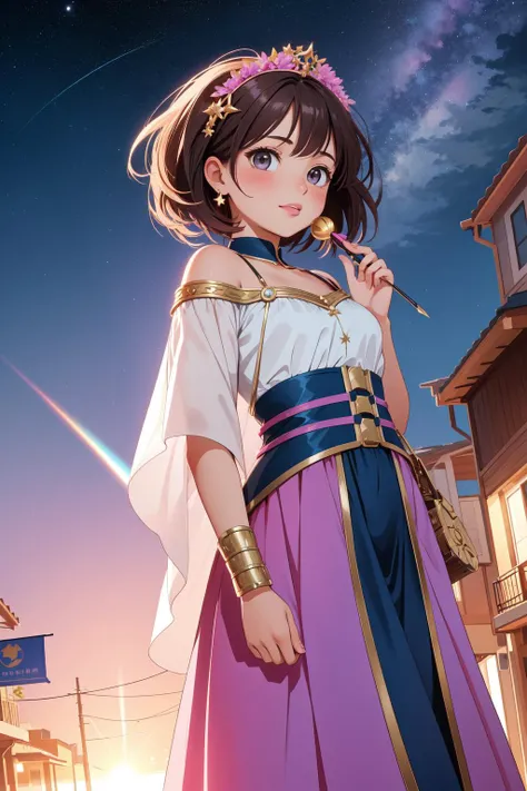 1girl, epic Cinematic still, (dark pink theme:0.7) , over the shoulder shot of a Detestable [Conversational|Soft] stocky European (Parent of [Excellence|Technology]:1.3) , she as Hellenistic Tech Mage, she is biting her lip, she is Walking down a street, she has large shaped face, narrow Gold eyes, dressed in Mint and Lilac costume tailored by Alber Elbaz with Snakeskin details, her hair is [Moroccan:Aborigine:14] and styled as Short bob, the Parent has a Rickety Belarusian Blush Pink and Navy Braces, Lip gloss, Enticing nature and Gemini constellation in background, at Sunrise, split diopter, photography art, [ (dark art designed by Henriette Grindat:1.2) : (Jurgen Ziewe:1.3) : (Oliver Wetter:1.3) :5], Detailed illustration, Peaceful, Impressionism, broad lighting, Depth of field 270mm, CineColor, Concept artist, Green and dark violet flakes, pleasant Brown eyes, sharp and in focus, Concept Art World, extremely beautiful, RAW photo
