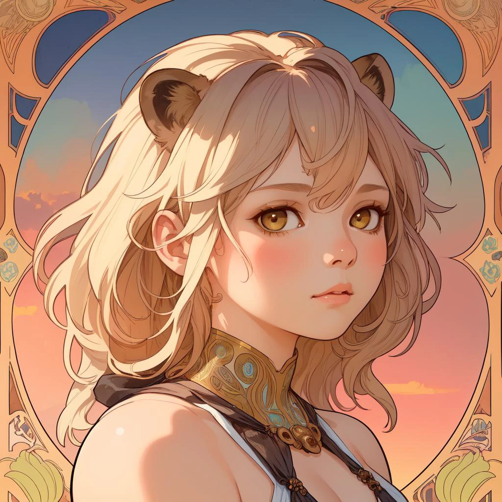 1girl, stylized by Alphonse mucha and tim okamura, Portrait, Lion, at Sunset, deep focus, flat lighting, dreamy magical atmosphere