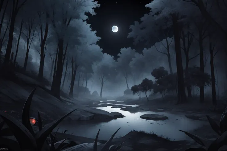 landscape that comes alive at night, infused with elements of mysticism, fantasy, or gothic horror. Your scenes might feature glowing flora, nocturnal creatures, magical phenomena, or eerie, dark settings typical of gothic tales, awardwinning On pale black paper, Rule of Thirds, angle from above of a ("The quest of Theseus to defeat the Minotaur":1.3) , it is very Darkpunk and 16-Bit, in style of Jurassic Park Galaxy background, crowded space with Autumn leaf pile, Moon in the night, split diopter, (art by Rita Kernn-Larsen:0.8) , (Chaïm Soutine:1.3) , Visual novel, Sad, stylized, Animecore, key light, Fish-eye Lens, Fujifilm Superia, Rule of Thirds, Navy Blue paint splotches, arthouse, High quality