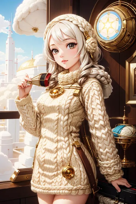 1girl, WoolWorld, <lora:WoolWorld:1>, (art by Ilya Kuvshinov:1.1) , Golden ratio, Geeky Space Age Standing fan, Sunny, Sharp and in focus, Flustered
