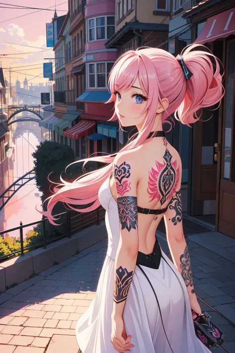 1girl, TattooWorld, <lora:TattooWorld:0.5>, Vector Art, low angle shot of a Pure (cater:1.2) , electric pink city, at Golden hour, impressionism art, (art by Luigi Loir:0.9) , (George Tice:1.2) , Selective focus, pixiv