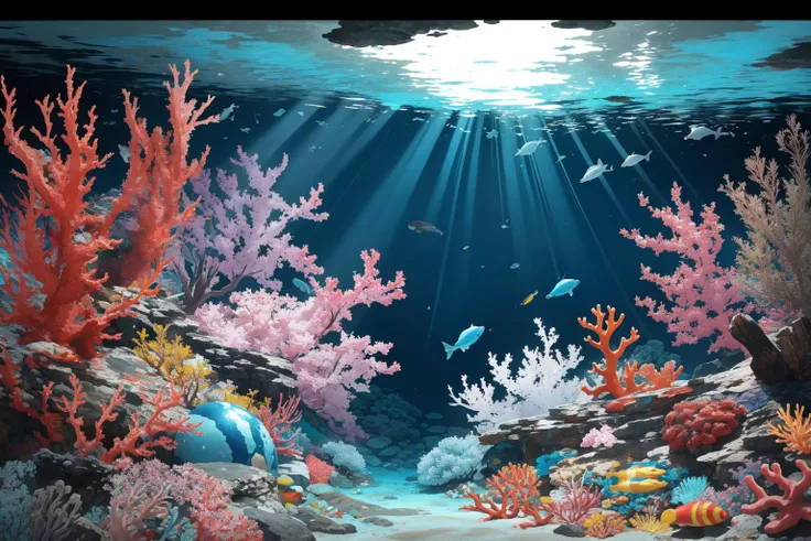 colorful, no humans, Underwater Scenes, a landscape that plunges into the depths of an underwater world, vibrant coral reeves teeming with marine life, mysterious ocean floors hiding ancient secrets, [ (clean art stylized by Victor Moscoso:1.2) and (Hiroshi Nagai:0.8) and (Frantisek Kupka:1.2) and (Tom Grummett:1.2) ::8], professional 3d blender render, insane details, selfie of a Icy Balanced dark blue wabi-sabi ([peanutbutter|Cosmic rays]:1.3) , it has beautiful details, it is covered in Soot, Misshapen Garage in background, dense woods with Ash, Summer, FOV 90 degrees, Confused, Lunarpunk, Ethereal Lighting, 800mm lens, Saturated, icon style, Temari, wallpaper, photolab