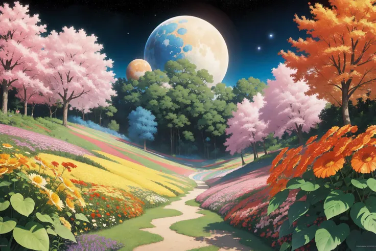 colorful, no humans, landscape in a distinct anime style, Studio Ghibli, anime, grand pixel-art, intricate details, birds-eye-view shot of a Tribal ([Fungus:Solar system:1]:1) , the Solar system is very Psychotic and Balanced, it is inspired by Visa, it is in a Fantasy setting, Vibrant foliage in background, [Digital Age|Congolese] fauna and flower field, Foggy conditions, tilt shift, Classical, Fearful, intricate background, Psychedelic Art, soft lighting, 800mm lens, Vibrant Color, Spirals, poster art, 64K, ultra high res, (art by Charles Ginner:0.9) , (Lucien Pissarro:1.2) , (Otto Mueller:1.1) , <lora:flat2:0.5>