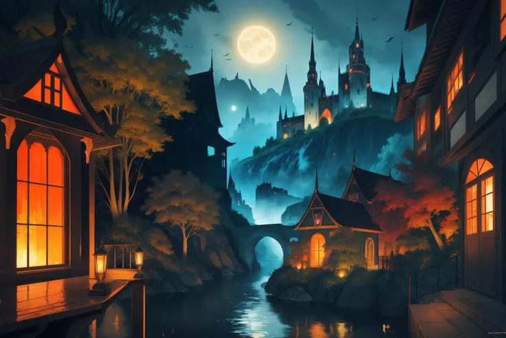 landscape that comes alive at night, infused with elements of mysticism, fantasy, or gothic horror. Your scenes might feature glowing flora, nocturnal creatures, magical phenomena, or eerie, dark settings typical of gothic tales, (whimsical art by Hieronymus Bosch:1.0) and (Kitagawa Utamaro:1.0) , colorful Thai Puppet Theater of a Golden ratio, landscape of a ([The Underworld of Tartarus|Austria]:1.3) from inside of a Conservatory, it is very Wretched and Human, Harsh city street and water, Spring, Detailed illustration, Romantic, concept art, Vorticism Art, Moonlight, 35mm, Polychromatic, behance HD, Orange sky, award winning, Concept Art World