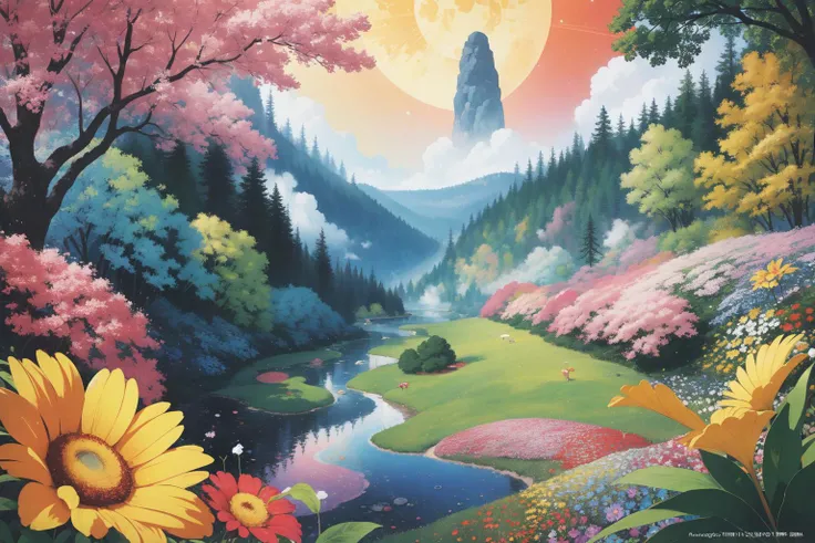 colorful, no humans, landscape in a distinct anime style, Studio Ghibli, anime, grand pixel-art, intricate details, birds-eye-view shot of a Tribal ([Fungus:Solar system:1]:1) , the Solar system is very Psychotic and Balanced, it is inspired by Visa, it is in a Fantasy setting, Vibrant foliage in background, [Digital Age|Congolese] fauna and flower field, Foggy conditions, tilt shift, Classical, Fearful, intricate background, Psychedelic Art, soft lighting, 800mm lens, Vibrant Color, Spirals, poster art, 64K, ultra high res, (art by Charles Ginner:0.9) , (Lucien Pissarro:1.2) , (Otto Mueller:1.1) , <lora:flat2:0.5>
