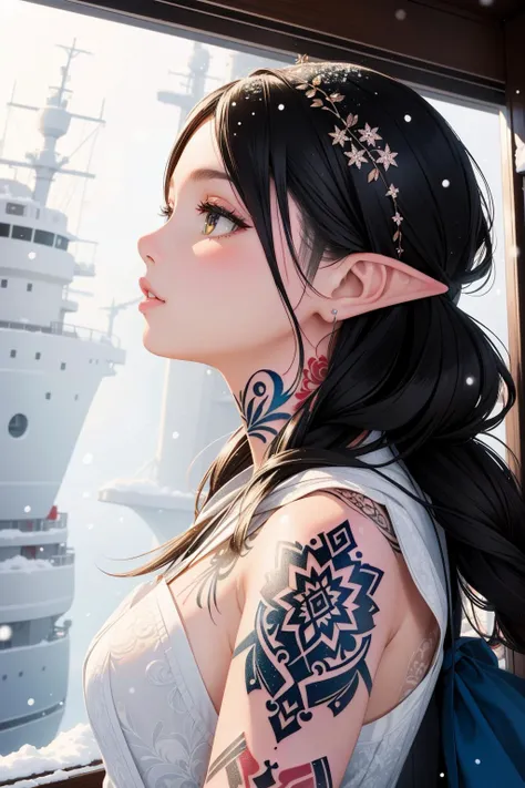 1girl, TattooWorld, <lora:TattooWorld:0.5>, Portrait, shot from side of a Wispy Elvish ([Icebreaker|Cruise ship]:1.1) , covered in Powder, Snowing, Bokeh, Overdetailed art, Suffering, Arts and Crafts Movement, Reflected light, Colorful