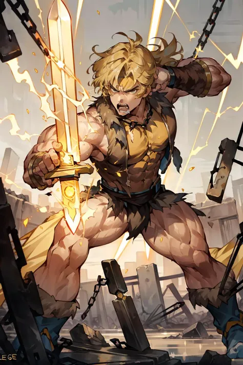 ((masterpiece)), realistic, ((highly detailed:1.3)),thundarr, ((holding a yellow energy sword)), (((broken chains))), ((blonde)) hair with square-cut bangs, cleanshaven, abs, brown fur vest, muscular thighs, handsome face, perfect eyes, perfect hands,  glaring at the viewer, angry shouting, raging expression, post-apocalyptic plains ruins setting, dynamic pose, dynamic angle, <lora:Thundarr_MK3:0.5>