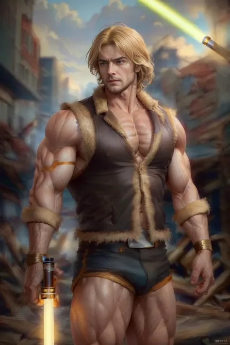 ((masterpiece)), realistic, ((highly detailed:1.3)),thundarr, holding a (yellow lightsaber), ((blonde)) hair, brown fur vest, muscular thighs, handsome face, perfect eyes, perfect hands, scowling expression, post-apocalyptic city ruins setting, dynamic pose, dynamic angle, <lora:Thundarr_MK3:0.5>