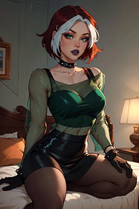 (masterpiece, best quality, absurdres, 4k, aesthetic, detailed, intricate, perfect lighting),sitting,bedroom,1girl, evolutionrogue, short hair, skirt, green shirt, gloves, pantyhose, multicolored hair, choker, black gloves, miniskirt, black skirt, collar, two-tone hair, see-through, makeup, lipstick, spikes, pencil skirt, spiked collar, black lips, dyed bangs, studded collar <lora:rogue:0.8>