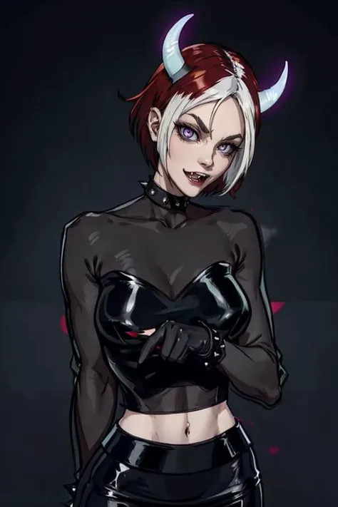 lineart, beautiful demonic woman, sexy, white long hair,big fangs, horns, <lora:rogue_(x-men):0.7> evolutionrogue, short hair, skirt, shirt, gloves, pantyhose, multicolored hair, choker, black gloves, miniskirt, black skirt, collar, two-tone hair, see-through, makeup, lipstick, spikes, pencil skirt, spiked collar, black lips, dyed bangs, studded collar