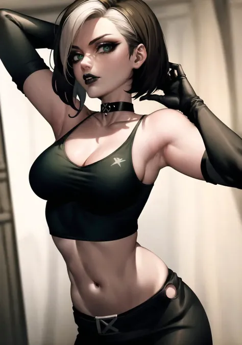 <lora:rogueXMenLora_v01:0.6> rogue (x-men),goth girl, goth makeup, masterpiece, best quality, cowboy shot, 1girl, solo, short hair, sweater, choker, black pants, green sweater, bangs, see-through sweater, black tank top