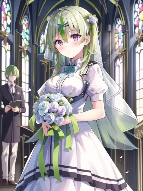 ((masterpiece)),(((best quality))), ((ultra-detailed)), ((illustration)), masterpiece, best quality, highres, {beautiful detailed eyes}, finely detail, 4k wallpaper, beautiful detailed eyes,
(Isuzu_Oshima:1.1), (bride:1.2), (twintail:0.5), (green hair, purple eyes, hair ornament:1), (wearing white frilled wedding dress:1.2), (standing in a church wedding:1.1), (very shy, blush, happen:1.1)
<lora:Isuzu_Oshima-20:0.7>
