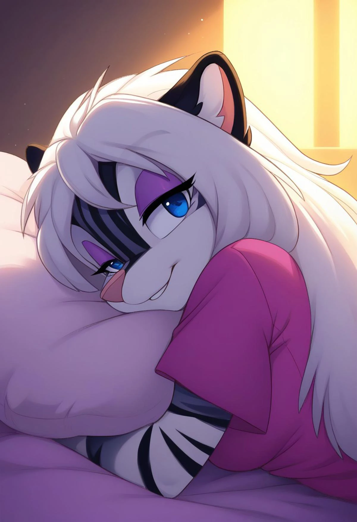 (Masterpiece, best quality:1.2), score_9, score_8_up, solo, soft color, soft shading, lighting, best high quality, high res, 1girl, anthro, furry, zigzag, blue eyes, striped fur, black stripes, white fur, white hair, long hair, living room, happy, t-shirt, young face, medium breasts, close to me, ite, pet body, bedroom, looking at viewer, upper body, face focus, face close-up, flirtatious smile, sharp focus, very close to me, close to me, horny, wants sex, suggestive smile, suggestive look, seductive, sedducing, teasing, perky breasts, purple eyeshadow, messy hair, sunrise, morning, in bed, lying on side, view from side, head on pillow, waking up