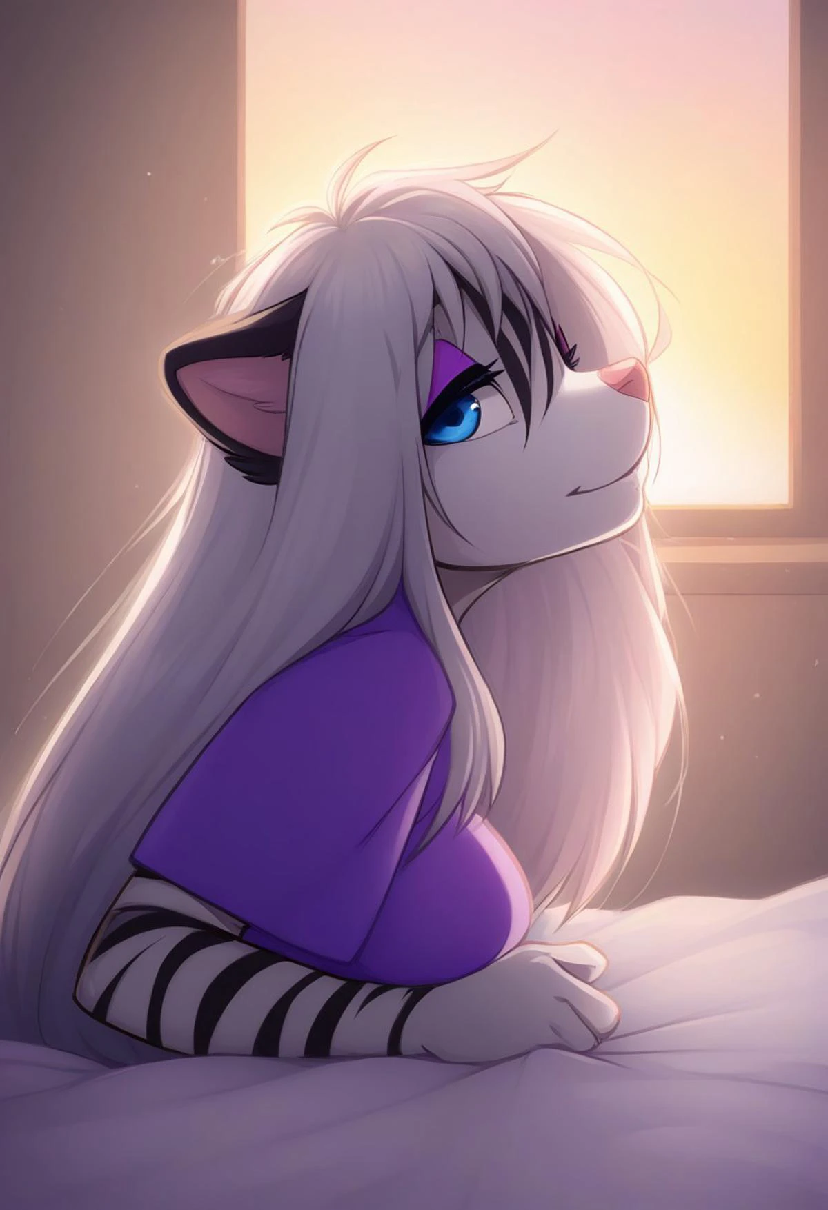 (Masterpiece, best quality:1.2), score_9, score_8_up, solo, soft color, soft shading, lighting, best high quality, high res, 1girl, anthro, furry, zigzag, blue eyes, striped fur, black stripes, white fur, white hair, long hair, living room, happy, t-shirt, young face, medium breasts, close to me, ite, pet body, bedroom, looking at viewer, upper body, face focus, face close-up, flirtatious smile, sharp focus, very close to me, close to me, horny, wants sex, suggestive smile, suggestive look, seductive, sedducing, teasing, perky breasts, purple eyeshadow, messy hair, sunrise, morning, in bed, lying on side, view from side, head on pillow, waking up, breast squish