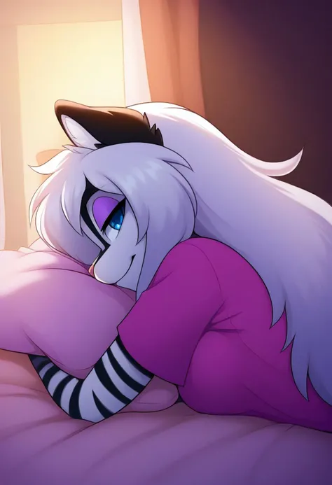 (Masterpiece, best quality:1.2), score_9, score_8_up, solo, soft color, soft shading, lighting, best high quality, high res, 1girl, anthro, furry, zigzag, blue eyes, striped fur, black stripes, white fur, white hair, long hair, living room, happy, t-shirt, young face, medium breasts, close to me, ite, pet body, bedroom, looking at viewer, upper body, face focus, face close-up, flirtatious smile, sharp focus, very close to me, close to me, horny, wants sex, suggestive smile, suggestive look, seductive, sedducing, teasing, perky breasts, purple eyeshadow, messy hair, sunrise, morning, in bed, lying on side, view from side, head on pillow, waking up, breast squish, super messy hair