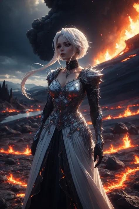 (masterpiece, best quality:1.1),outdoors, epic landscape, wonderous panorama, 1girl, Stunningly beautiful, choker, full body, white hair, silver eyes, breathtaking vista, <lora:Heaven&HellFashion:0.3> made of hellfashion, lava, fire, <lora:Dhevv-SkullConcept:0.3> <lora:Celestial:0.4><lora:xuer plate armor_20240212225854:0.5> <lora:pose mirror:0.8>mirror