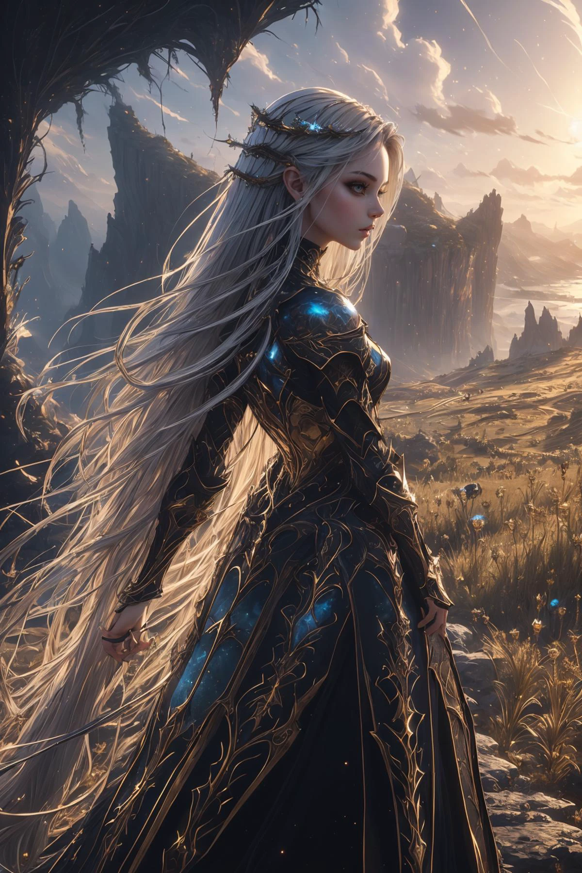 (fantasy art style:1.4), (masterpiece, best quality:1.1),outdoors, epic landscape, wonderous panorama, 1girl, Stunningly beautiful, choker, full body, long vine hair, silver eyes, breathtaking vista, scenery, no humans, cloak, background focus <lora:Dhevv-Skull:0.3> <lora:Celestial:0.4><lora:XRYCJ - xuer plate armor:0.5> <lora:pose mirror:0.8>mirror, unusual halo, hair over one eye, depth of field, bokeh,