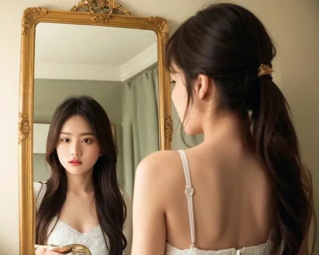 <lora:pose mirror:1>,1model,mirror,reflection,looking at mirror and viwer,