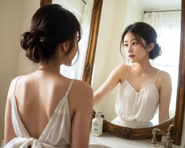 <lora:pose mirror:1>,1model,mirror,reflection,looking at mirror and viwer,full shot,