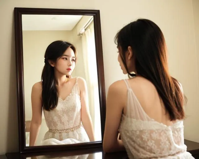 <lora:pose mirror:1>,1model,mirror,reflection,looking at mirror and viwer,full shot,