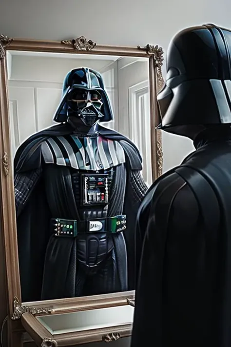 <lora:Darth_Vader-KK77-V1:1> ,best quality,ultra high res,(8k, RAW photo, best quality, masterpiece:1.2),detailed face, darth vader, practicing his dadjokes<lora:pose mirror:1>,