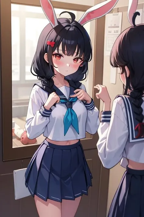 <lora:pose mirror-000008:1> ,1girl, skirt, black hair, school uniform, mirror, braid, miyu (blue archive), blue skirt, blush, red eyes, serafuku, twin braids, long hair, reflection, solo, ahoge, shirt, green neckerchief, pleated skirt, stuffed toy, blue serafuku, hair ornament, bangs, white sailor collar, sailor collar, long sleeves, stuffed animal, bag, rabbit ears, closed mouth, animal ears, blue shirt, bird, standing, twintails