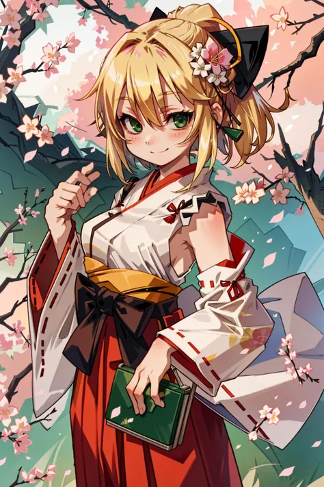 1girl, solo, japanese clothes, green eyes, outdoors, blonde hair, smile, hakama, miko, pink flower, skirt, wide sleeves, hair ornament, hakama skirt, red hakama, long sleeves, blush, day, bangs, closed mouth, flower, looking at viewer, hair flower, tree, kimono, cherry blossoms, white kimono, ribbon-trimmed sleeves, hair between eyes, ribbon trim, short hair, breasts, standing, hand up, <lora:Stlye - cutemix1 - Multiple cute style loras:1>