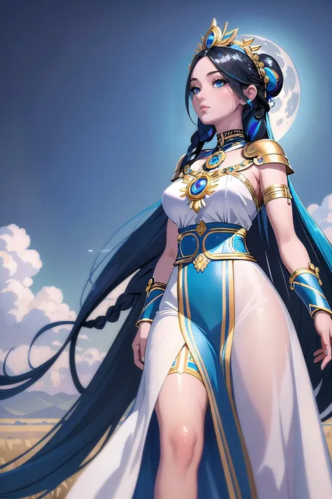 (masterpiece, best_quality, ultra-detailed, immaculate:1.3), epic, illustration, welcoming, 1girl, priestess, black hair with blue highlights, Straight Hair, on the imaginary, classical moon, in a desolate field of wind generators, bombshell hair, rainbow hair with azure highlights, Grecian Braided Updo, walking <lyco:EnvyBeautyMix04:1> <lora:cutemix2:1>