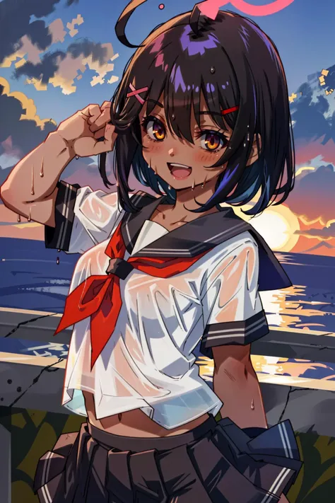 1girl, solo, wet, skirt, wet clothes, short hair, open mouth, school uniform, smile, looking at viewer, dark skin, pleated skirt, dark-skinned female, serafuku, blush, neckerchief, brown eyes, hair ornament, shirt, blue hair, wet shirt, yellow eyes, ahoge, short sleeves, x hair ornament, black skirt, :d, red neckerchief, collarbone, hairclip, breasts, sunset, see-through, black hair, cowboy shot, outdoors, dutch angle, <lora:Stlye - cutemix1 - Multiple cute style loras:1>