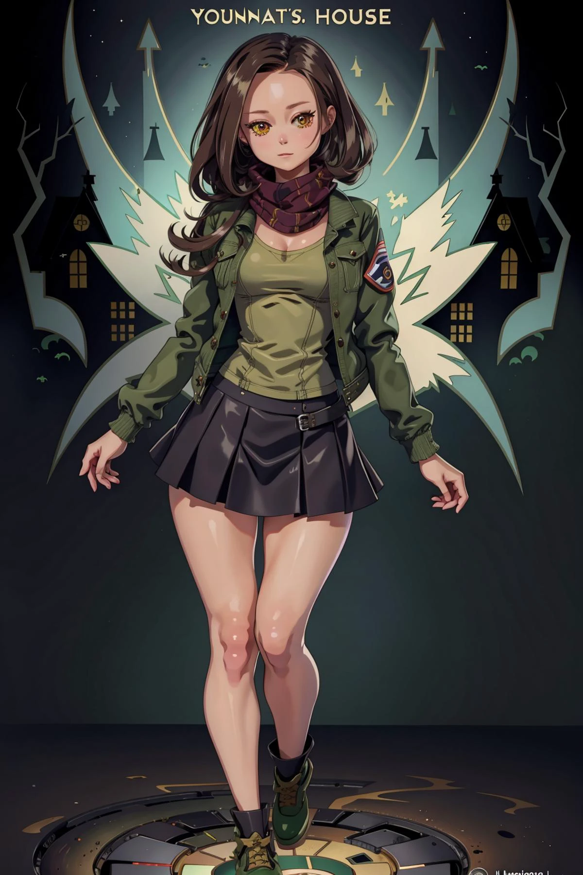 (sumgl4u:1.05), (masterpiece), (best_quality), (ultra-detailed), (illustration), (welcoming), 1girl, (in a haunted house:1.3), (full body:1.4), , happy, medium hair, dark brown hair, straight hair, (light forest green denim jacket, modest:1.2), pose, scarf, medium breasts, narrow waist, tall, sexy athletic slim perfect hourglass figure,skindentation, ((short skirt:1):1.2),, official art, vivid color, finely detailed, hyper detailed, 8k, high resolution illustration, absurdres, intricate detail, <lora:cutemix5:1>