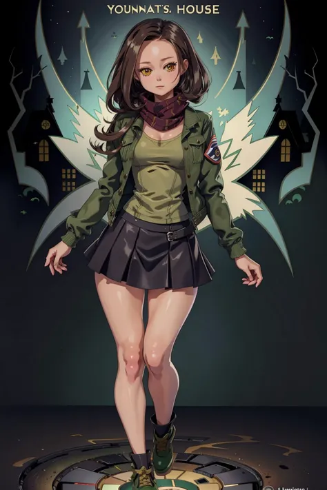 (sumgl4u:1.05), (masterpiece), (best_quality), (ultra-detailed), (illustration), (welcoming), 1girl, (in a  haunted house:1.3), (full body:1.4), ,  happy, medium hair, dark brown hair, straight hair, (light forest green denim jacket, modest:1.2), pose,  scarf, medium breasts, narrow waist, tall, sexy athletic slim perfect hourglass figure,skindentation, ((short skirt:1):1.2),, official art, vivid color, finely detailed, hyper detailed, 8k, high resolution illustration, absurdres, intricate detail, <lora:cutemix5:1>