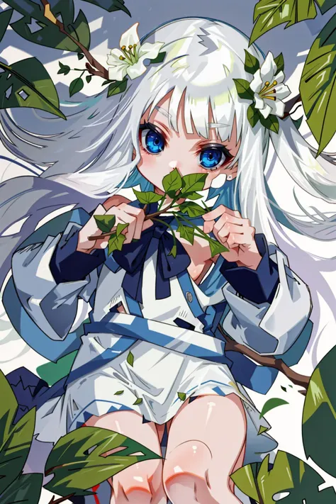 1girl, solo, blue eyes, flower, on stomach, bangs, long hair, lying, white hair, plant, hair ornament, bare shoulders, long sleeves, white flower, leaf, looking at viewer, branch, <lora:Stlye - cutemix1 - Multiple cute style loras:1>